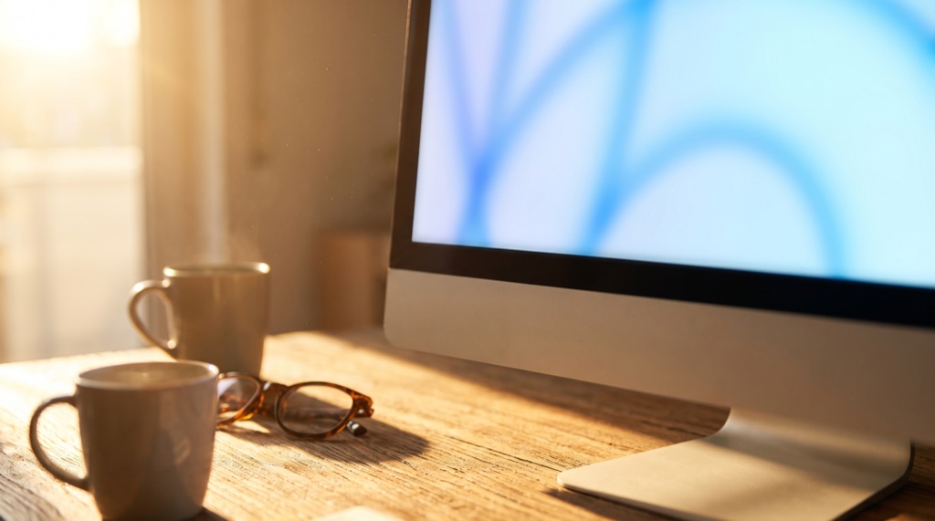 A desk monitor glowing with soft blue light in warm morning sun, illustrating how AI Overviews change search