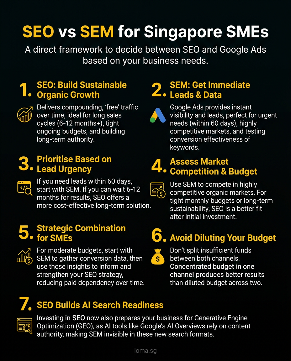 Infographic: SEO vs SEM for Singapore SMEs - Decision Framework
